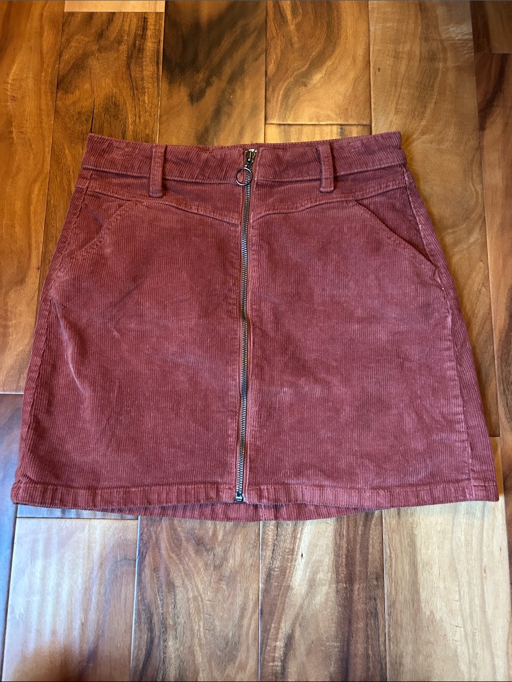 SO Rust-Red Corduroy Front-Zip Mini Skirt
